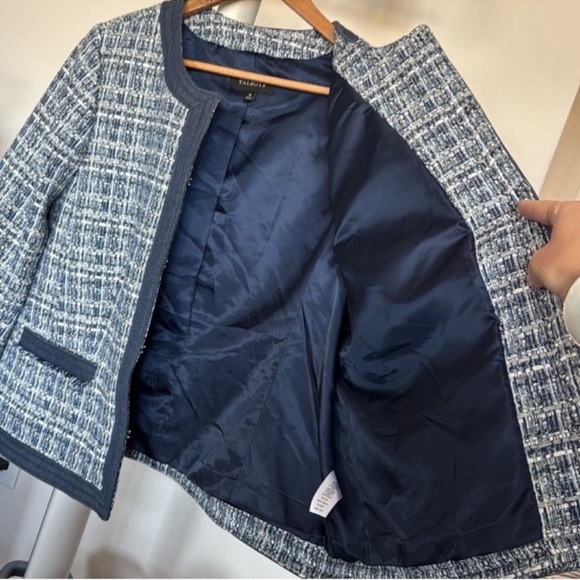 Talbots Tweed Crew Chambray trim Blazer Jacket Sz 16/XL Navy Blue White Fringe - Picture 12 of 16